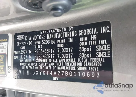 2011 Kia Sorento Lx V6 z USA, uszkodzony, nr VIN 5XYKT4A27BG110693